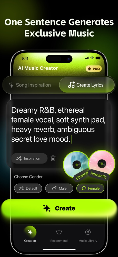 Music Creator - Make Songs App Store screenshot 1, headline “One Sentence Generates Exclusive Music”. Green.