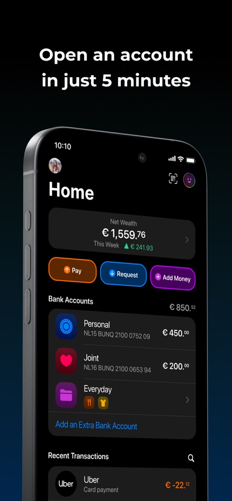 bunq - 사용자는 앱에서 순자산과 다양한 은행 계좌를 한눈에 확인하고, 최근 거래 내역과 현재 잔액을 파악할 수 있습니다.