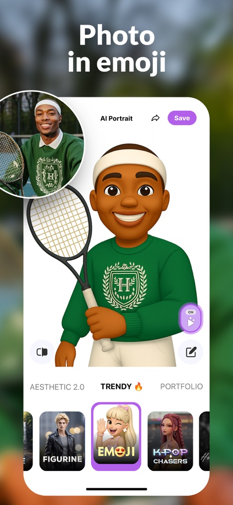 AI Video Photo・DreamPix Editor - Esta herramienta convierte una 'foto en un emoji' con estilos 'Trendy' y vibrantes, ofreciendo una transformación lúdica y opciones como el 'retrato AI' al estilo emoji.