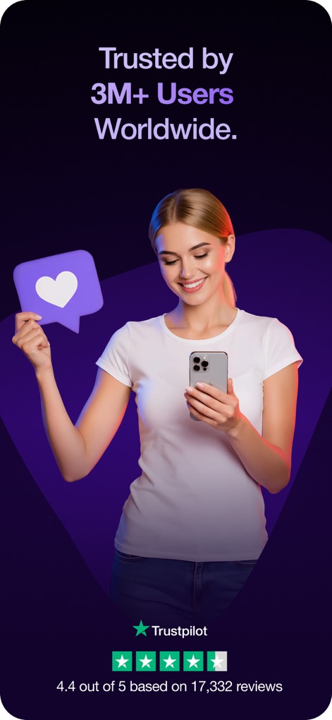 PureVPN: Fast and Secure VPN - La confianza global en la aplicación es evidente, reflejada en el texto '3M+ Users Worldwide' y la calificación de '4.4 out of 5' en Trustpilot, basada en miles de reseñas positivas.