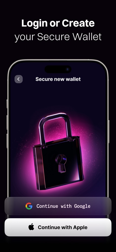 Sweat Wallet: Walk Into Crypto - La pantalla de inicio de sesión destaca la seguridad con un icono de 'candado' y ofrece opciones convenientes como 'Continue with Google' y 'Continue with Apple' para una experiencia de usuario fluida.