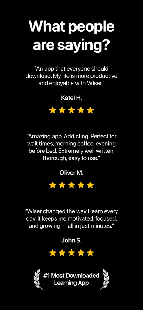 Wiser: Bite-Sized Learning - 複数のユーザーレビューが星評価と共に掲載されており、このアプリが「#1 Most Downloaded Learning App」に選ばれたことを示すバッジが信頼性を高めています。