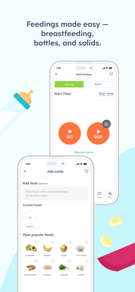 Huckleberry: Baby & Child - This tool simplifies feeding management, providing a user-friendly nursing timer with 'Left' and 'Right' indicators, and an organized list for logging solid food introductions.