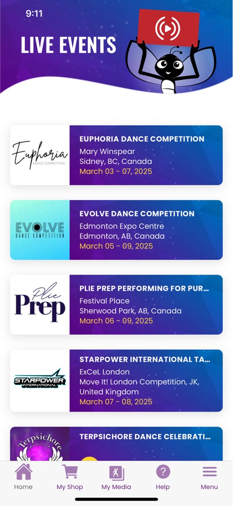 DanceBUG - The app streamlines competition tracking, displaying comprehensive live event listings and key event details like dates and locations for effortless planning.