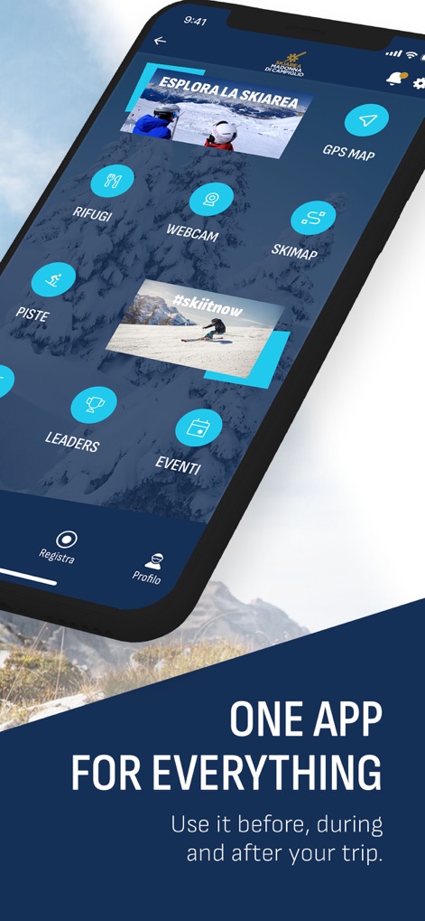 Skiarea Madonna di Campiglio - このアプリの包括的なダッシュボードは、ユーザーが旅行前、旅行中、旅行後を通して体験を最適化できるように設計されています。リアルタイム情報を提供する「WEB CAM」機能や、滞在中の活動計画に役立つ「SKIMAP」が確認できます。