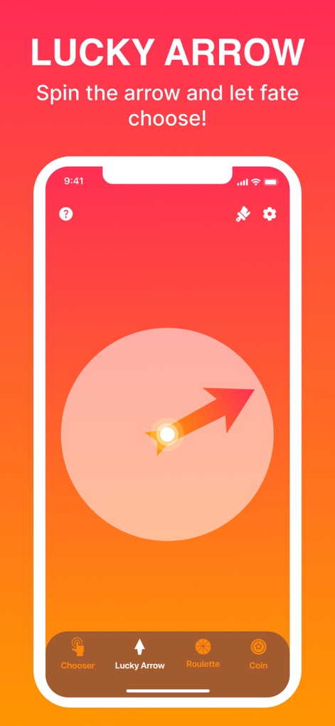 Chooser! - La interfaz presenta la funcionalidad 'Lucky Arrow', donde los usuarios pueden girar una flecha para una elección fortuita, y una barra de navegación inferior que muestra diversas herramientas de decisión como 'Chooser' y 'Roulette'.