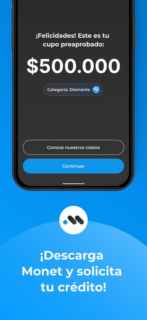 Monet - Créditos Online - Users can instantly see their pre-approved credit limit and "Categoría: Diamante", empowering informed decisions before continuing.