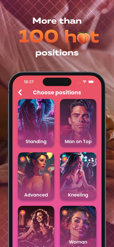 Spicy Couples: Adult Sexy Game - La aplicación revela una galería de 'More than 100 hot positions', categorizadas visualmente en opciones como 'Standing' y 'Man on Top', ofreciendo una amplia gama para explorar la intimidad física.