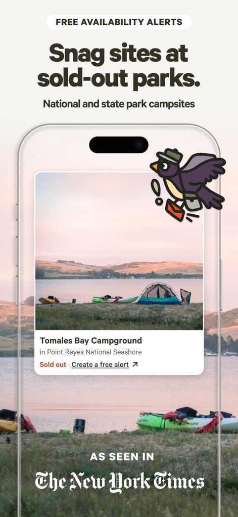 Hipcamp: Camping, RVs & Cabins - Les utilisateurs peuvent configurer des alertes gratuites pour les sites complets, comme le "Tomales Bay Campground", garantissant ainsi de ne pas manquer une opportunité, une fonctionnalité clairement indiquée par le texte "Create a free alert" et l'oiseau notificateur.