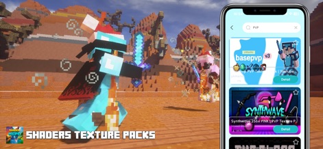 Shaders Texture Packs for MCPE - Nutzer können individuelle Spieler-Skins und spezifische PVP-Texturenpakete entdecken, die in der App-Oberfläche für schnelle Gefechte bereitstehen.