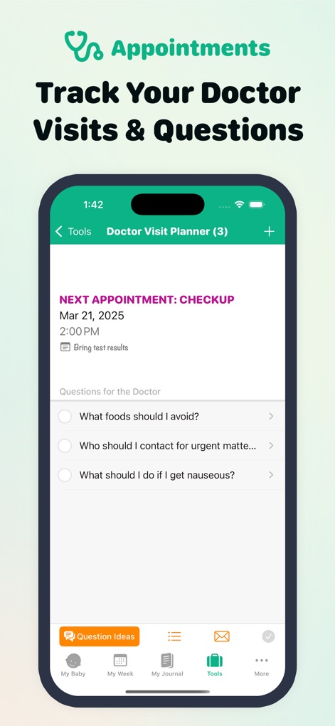 Pregnancy Tracker - Due Date - Organize medical appointments with the Doctor Visit Planner, and utilize suggested questions for healthcare providers.