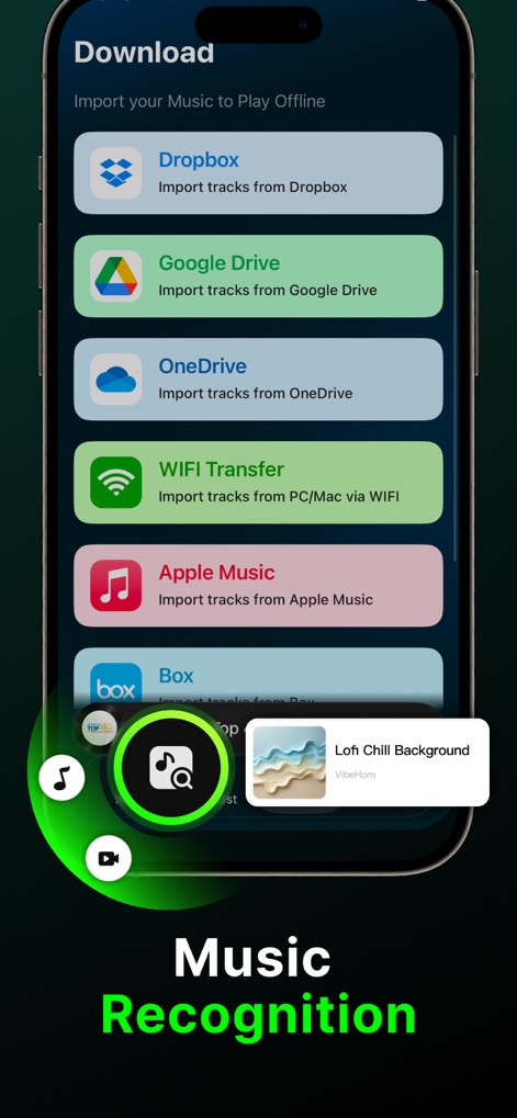 Offline Music, MP3 Player - O aplicativo oferece múltiplas opções de importação de músicas, incluindo "Google Drive" e "Apple Music", e um recurso de "Music Recognition" (Reconhecimento de Música) para identificar faixas instantaneamente.