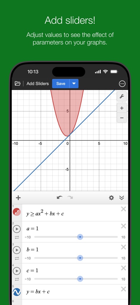 Desmos Graphing Calculator - Esta ferramenta oferece sliders interativos que permitem ajustar os coeficientes de uma equação, como os parâmetros 'a', 'b' e 'c' de uma função quadrática, e observar seu impacto em tempo real no gráfico e na área sombreada.