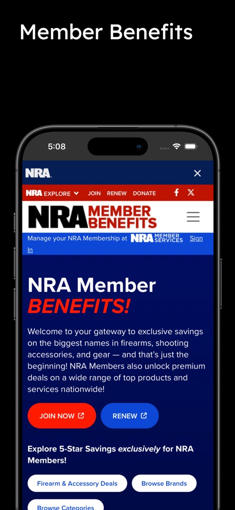 NRA - This tool showcases exclusive member benefits, presenting a prominent "NRA Member Benefits!" header and clear calls to action like "Join Now" and "Renew" buttons.