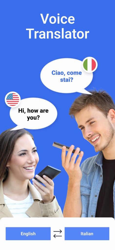 Translate AI. - A funcionalidade de tradução de voz permite conversas em tempo real, exibindo balões de fala em italiano e inglês e botões claros para selecionar os idiomas de tradução.