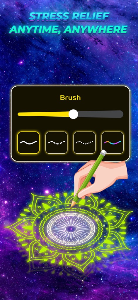 Finger Spinner Glow Art - 사용자는 다양한 브러시 스타일을 활용하여 빛나는 만다라 아트워크를 만들 수 있으며, 이는 집중적인 창작 활동을 통해 언제 어디서든 스트레스를 해소하는 데 도움을 줍니다.