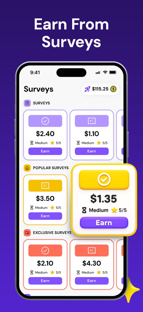 Pawns.app: Money Making App - Explore various paid survey opportunities, with clear indications of potential earnings like the "$2.40" option and the "Medium" estimated completion time.