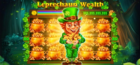 Ignite Classic Slots-Casino - Immerse yourself in the vibrant 'Leprechaun Wealth' theme featuring an animated leprechaun character and numerous pots of gold awaiting collection.