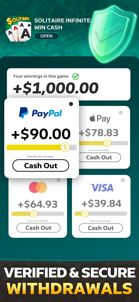Solitaire Infinite: Win Cash - The app highlights its secure withdrawal process and diverse payout options, including PayPal and Apple Pay.