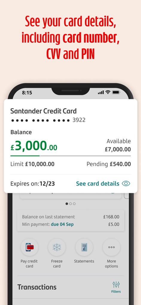 Santander Mobile Banking - View comprehensive credit card details, including current balance and available credit, alongside convenient options to freeze cards or access statements.