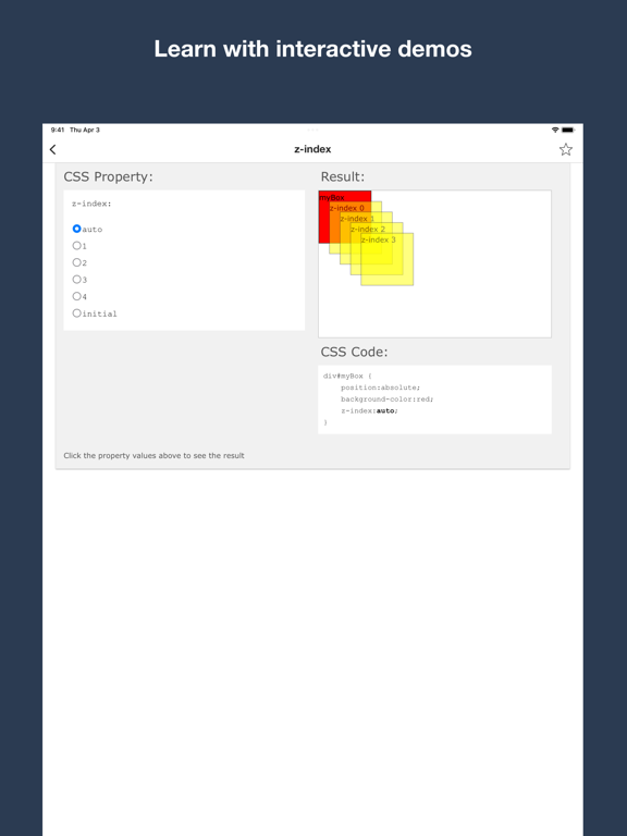 CSS editor, snippets, exercise iPad screenshot