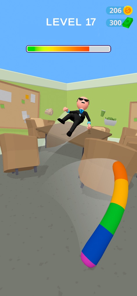 Crazy Office — Slap & Smash - Witness the escalating chaos at "LEVEL 17" as opponents are sent flying through the air, attacked with a vibrant "colorful inflatable weapon".