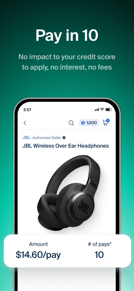 Perpay - Shop and Build Credit - This view showcases the transparent "Pay in 10" payment structure for purchases, alongside the clear assurance of no credit score impact or hidden fees.