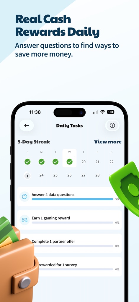 ATM Cash Advance・Instant Money - ユーザーは「デイリータスク」画面で、連続達成状況を示す5日間の「ストリークカレンダー」と、完了すべきデータ質問などのタスクリストを確認できます。