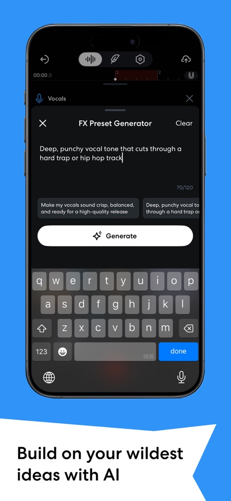 BandLab – Music Maker & Beats App Store screenshot 4, headline “Build on your wildest ideas with AI”. Playful tone.