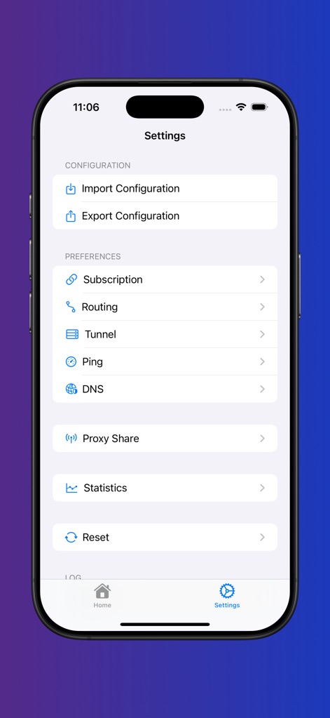 Streisand - Explore the extensive settings menu, offering crucial configuration tools like 'Import Configuration' and diverse preferences including 'Routing' and 'DNS' management.