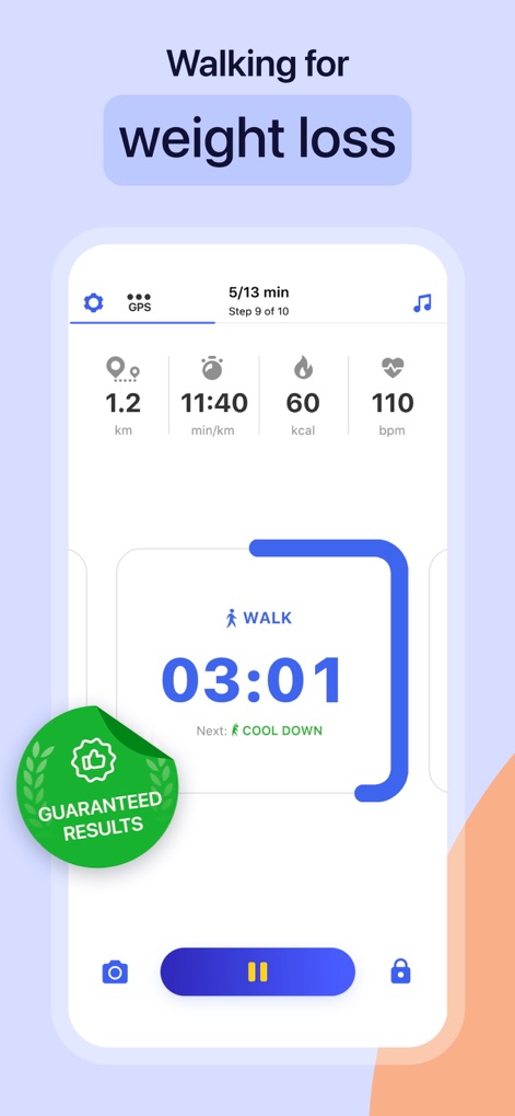 Weight Loss Walking by Slimkit - Users can monitor their real-time performance metrics like distance and calories burned, alongside guided interval phases such as 'WALK' and 'COOL DOWN'.