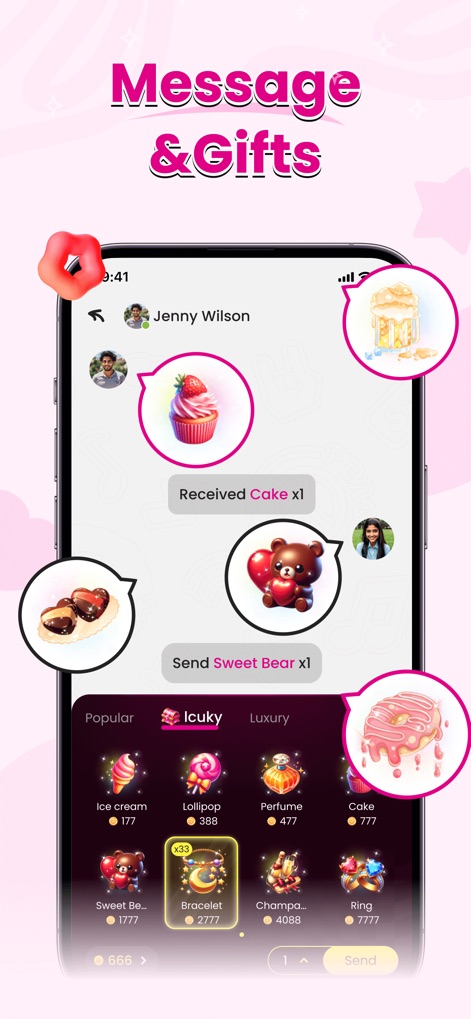 Tovio-Subculture Chat, Video - A interface de chat permite aos usuários trocar mensagens e enviar presentes virtuais, como um 'morango' e um 'urso doce', a partir de um catálogo diversificado de itens.