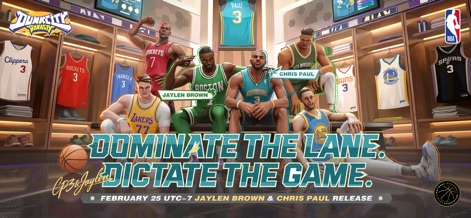 Dunk City Dynasty - ロッカールームを背景に、ジェイレン・ブラウンやクリス・ポールをはじめとする人気選手たちが最新のユニフォーム姿で登場し、コートでの支配を予感させます。