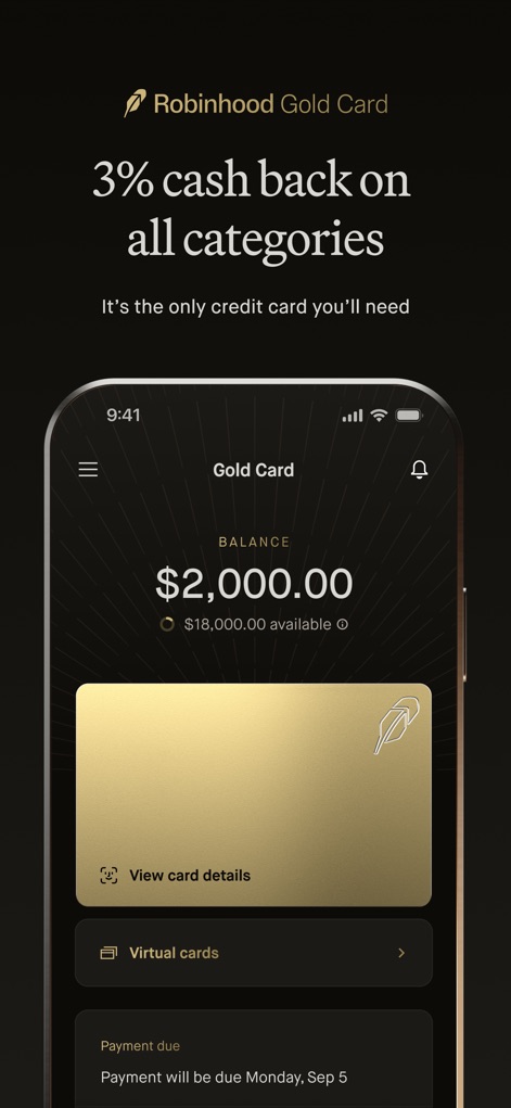 Robinhood Banking - Users can explore the premium Robinhood Gold Card, showcasing its 3% cash back benefit and virtual card capabilities for secure spending.