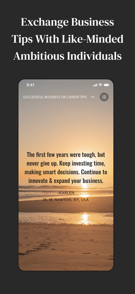 MM: Elite Premium Dating App - This screen highlights the "Successful Business or Career Tips" feature, presenting motivational quotes and structured advice from community members.