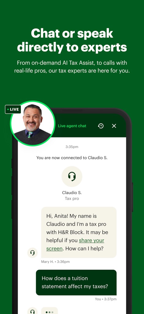 H&R Block Tax Prep: File Taxes - This tool connects users directly with tax professionals through a live agent chat interface, clearly displaying the expert's profile photo and name, such as "Claudio S. Tax pro."