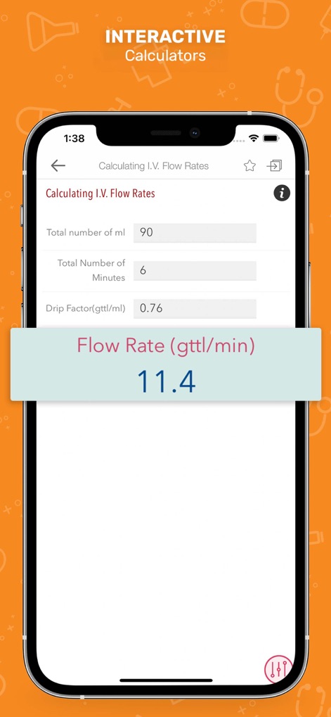 Nurse’s Drug Handbook - Nutzer können präzise Dosierungen mit den interaktiven Rechnern ermitteln, wie am Beispiel des „Calculating I.V. Flow Rates“-Bildschirms und der angezeigten „Flow Rate (gtt/min)“ ersichtlich wird.