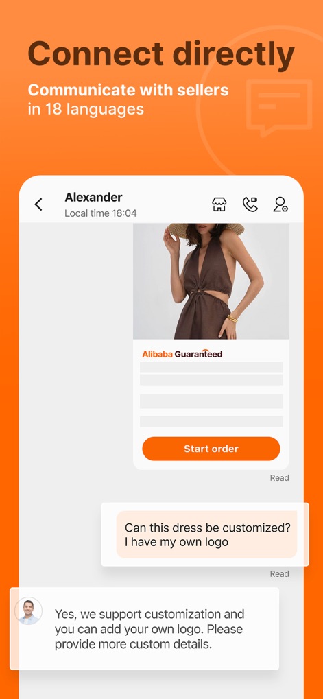 Alibaba.com - This tool enables users to "Connect directly" with sellers via a chat interface, facilitating clear communication regarding "customization" and order details.
