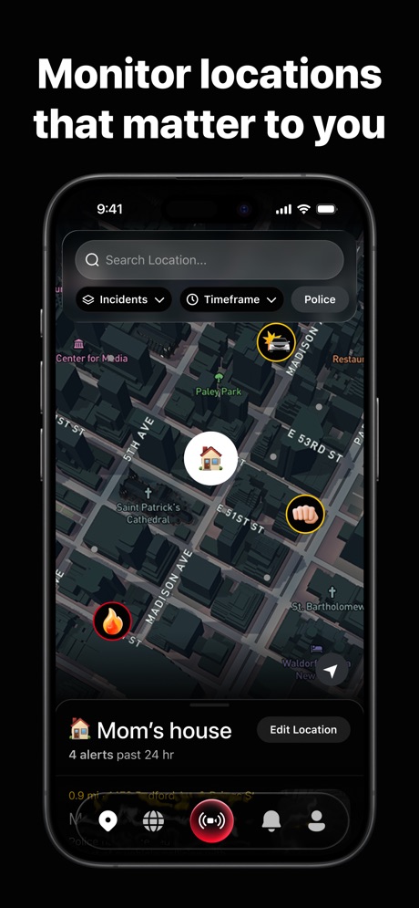 Citizen: Safety & Live Video App Store screenshot 5, headline “Monitor locations that matter to you”. Says “you” or “your”.