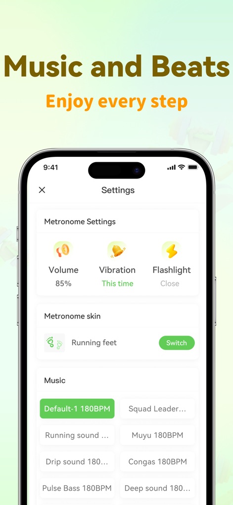 Slow Jogging Tracker &Timer - Tailor your experience with extensive 'Metronome Settings', including Volume and Vibration, and choose from a diverse 'Music' library for rhythmic support.