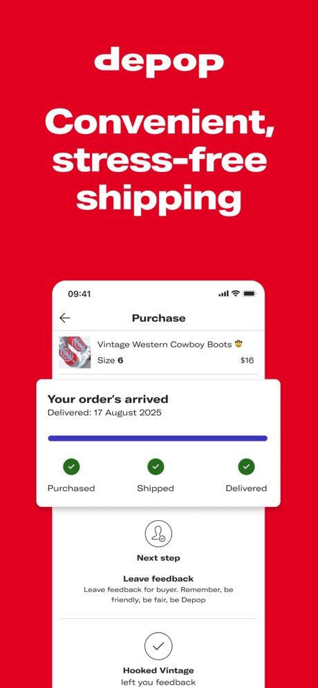 Depop - Buy & Sell Clothes App Store screenshot 4, headline “Convenient, stress-free shipping”. Leads with a feature.