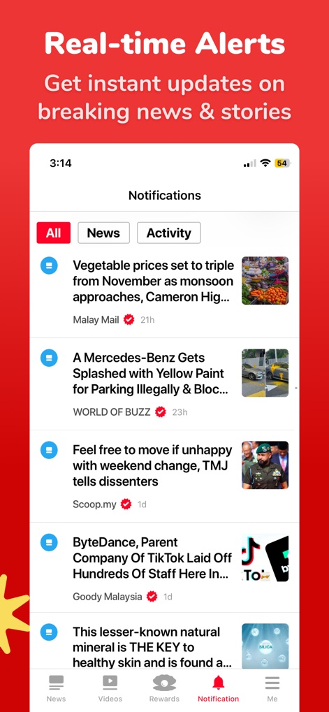 Newswav - Latest Malaysia News - This tool delivers real-time push notifications, allowing users to stay informed with both "All" and filtered "News" alerts.