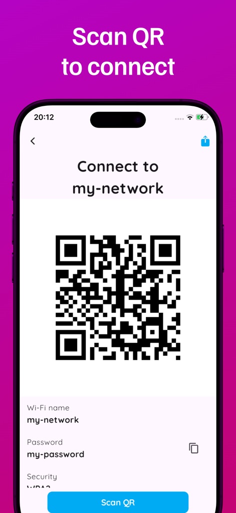 Wifi Password & Speed check - Users can quickly connect to networks by scanning a QR code, which automatically populates the Wi-Fi name and password fields.
