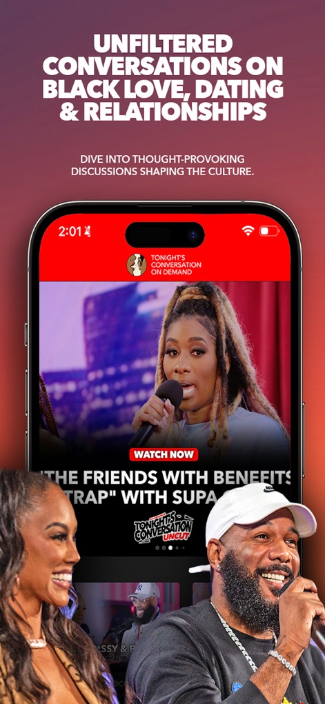 Tonight's Conversation - Dive into thought-provoking discussions on topics like "Friends with Benefits Trap," presented by dynamic hosts within the app's streaming environment.