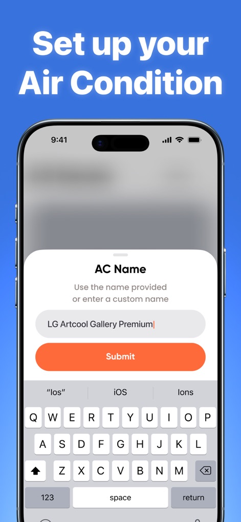 AC Remote: Universal Control. - This screen illustrates the simple setup process, featuring an "AC Name" input field and a pre-filled suggestion like "LG Artcool Gallery Premium" for easy identification.