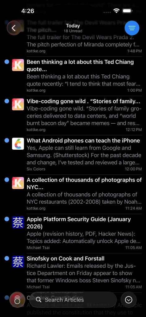 NetNewsWire: RSS Reader - Efficiently navigate through your unread content with a clear, chronological list of article "titles" and their "sources", all while having a convenient "Search Articles" bar readily available at the bottom.