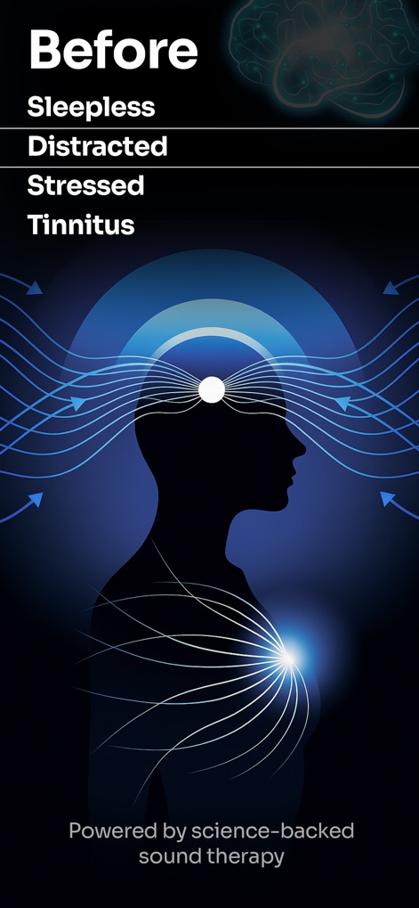 Anima: Binaural Beats - This screenshot highlights common challenges like 'Sleepless' and 'Distracted', visually represented by energy flowing from a distressed silhouette, setting the stage for the app's solutions.