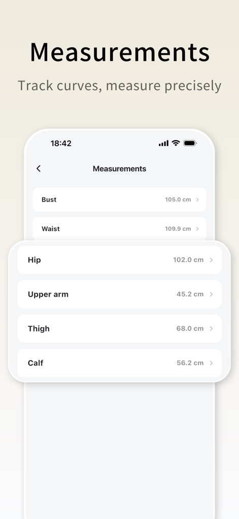 WeightDiary - Track better you - Esta tela permite o registro preciso de diversas medidas corporais, como busto e cintura, facilitando o acompanhamento das mudanças físicas.