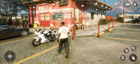 Rise of Gangsters : Crime City - Discover the vibrant open-world environments, featuring accessible businesses like weapon shops and intuitive on-screen action controls for dynamic gameplay.