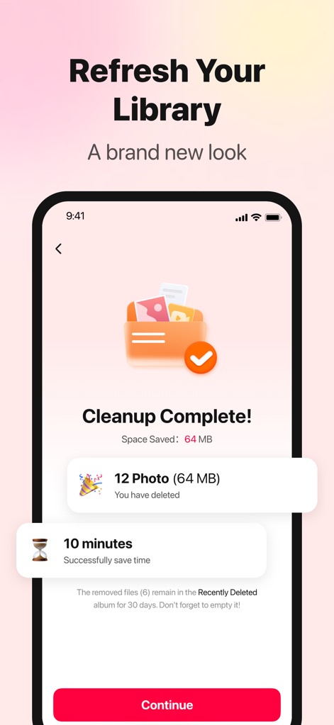Powerful Clean: Phone Cleaner - The "Cleanup Complete!" screen confirms successful optimization, clearly displaying "Space Saved" and a timer indicating "10 minutes" of successfully saved time.